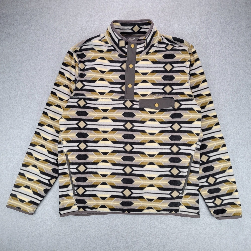 Eddie Bauer Fleece Pullover Mens L Grey Tan Geometric Snap Neck Aztec Southwest